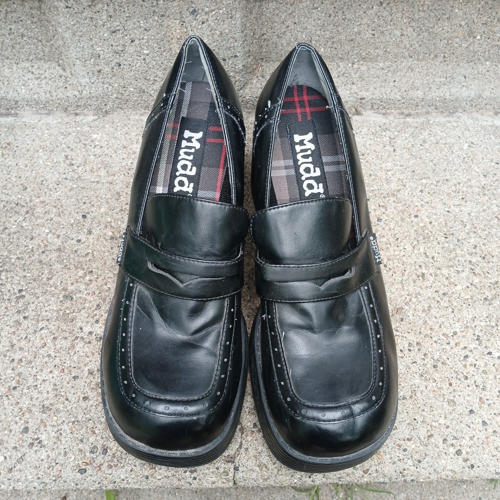 90's Vintage Mudd Y2K Black Chunky Block 3" Heel Platform Loafer Shoes Size 10 - Picture 2 of 11